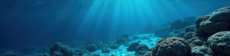 Obraz premium dark blue ocean surface with waves gently lapping against underwater reef, waves, blue