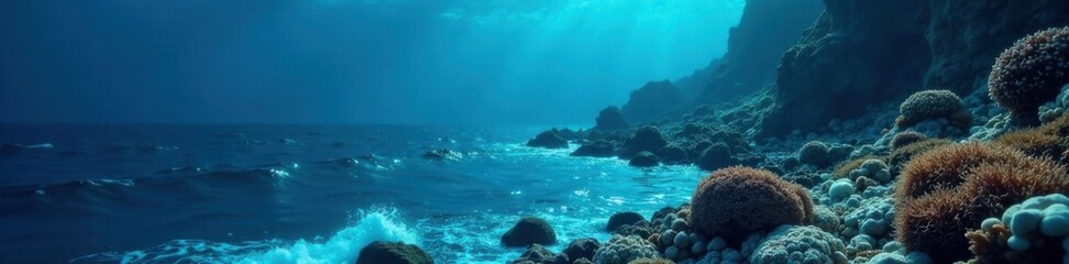 Fototapeta premium dark blue ocean surface with waves gently lapping against underwater reef, waves, coral