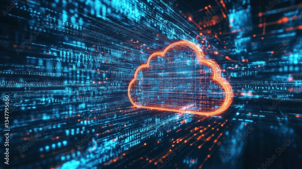Poster digital cloud computing concept with data streams and lights