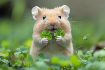 Fototapeta premium Fluffy hamster holds two lucky four-leaf clovers in its paws on a green background. Use this image for good luck themes, St. Patrick's Day or cute animal designs.