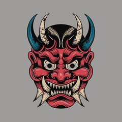 Japanese demon mask illustration with horns and sharp teeth, red face, grey background