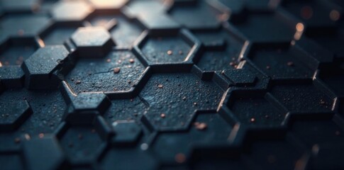 Obraz premium Dark grey metallic hexagon pattern illuminated by pale light, metallic hexagon, illuminated surface, abstract design