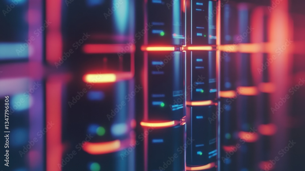 Poster colorful server racks illuminated in a data center environment