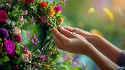 Woman Hands crafting a floral wreath from wildflowers. Summer Solstice Holiday.