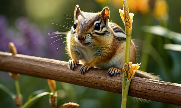 A close-up of a chipmunk perched on a wooden branch amidst vibrant flowers.