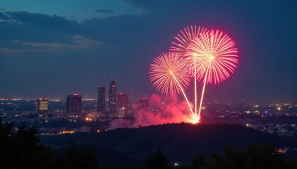 Fototapeta premium Dynamic firework display over cityscape at dusk, radiance, sparks, light