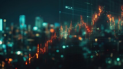 Obraz premium City skyline with financial data overlay at night