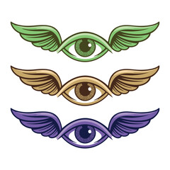 Three stylized eyes, each with wings, in green, gold, and purple. Represents insight and observation