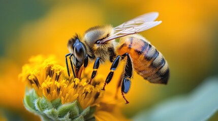 Fototapeta premium A bee collects pollen from a yellow flower.