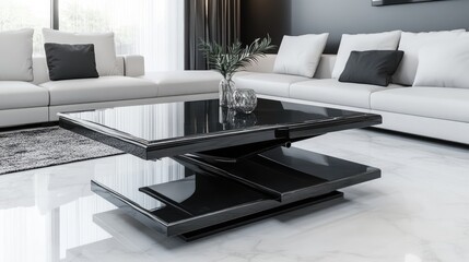 A sleek, elegant coffee table with a space-saving glass panel that extends when needed