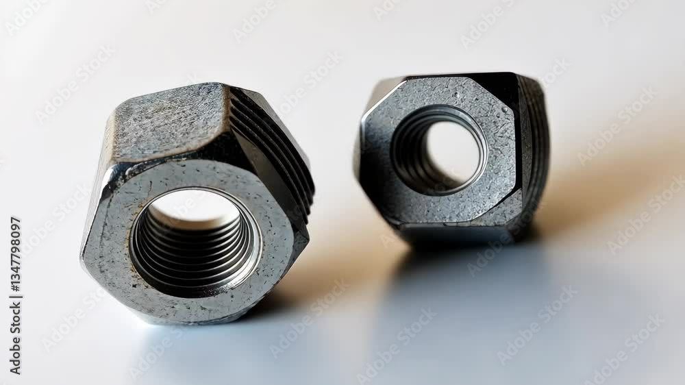 Poster metal nuts lying on a smooth surface, showcasing detailed threading and industrial design elements i