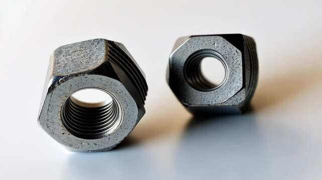 Metal nuts lying on a smooth surface, showcasing detailed threading and industrial design elements in a close-up view