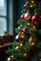 Decorated evergreen tree with shiny lights and colorful ornaments, festive, holiday decoration, Christmas tree