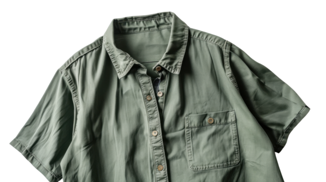 Close-up of unbuttoned green shirt with short sleeves on transparent background