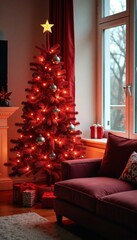 Decorative Red Christmas Tree with ornaments and lights in a modern living room, living room, warm