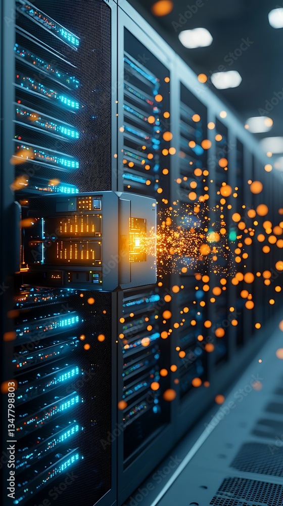Poster server rack with glowing connection
