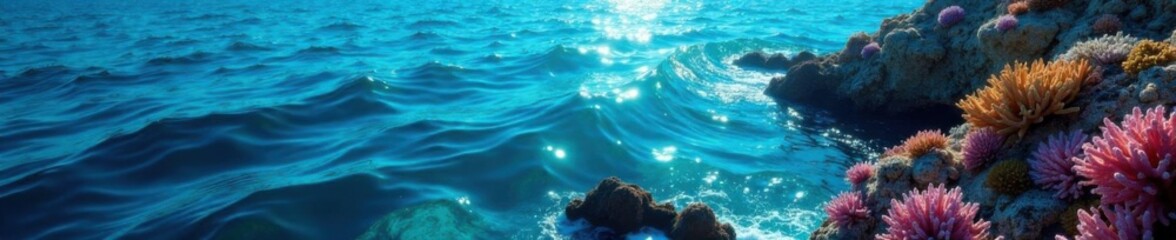 Naklejka premium Deep ocean surface with dark blue waves gently lapping against coral reef , reef, coral