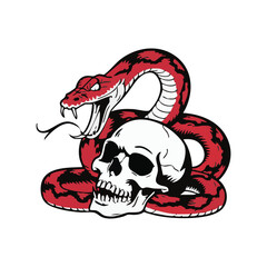 A red snake coiled around a skull, open mouth, tongue out. Simple black & white illustration
