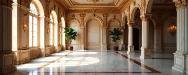 Fototapeta premium Panoramic view of a luxurious room with marble stone flooring and ornate details, decor, luxury, stone