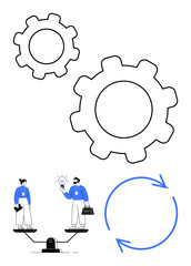 Two people balancing on a scale exchanging ideas, gears symbolizing teamwork, circular arrows for iteration. Ideal for brainstorming, teamwork, collaboration, process optimization, balance