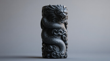 An obsidian pillar sculpted with a sinuous dragon wrapped around its surface, its claws gripping the smooth stone, piercing eyes glowing under soft ambient lighting