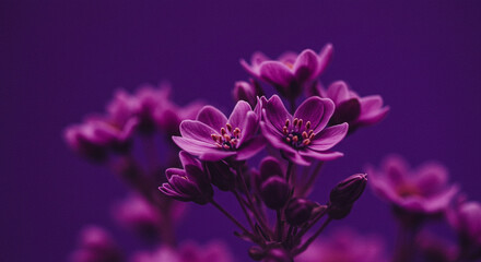 A cluster of rich purple flowers blooming in the twilight, a breathtaking display of nature's artistry against a deep violet backdrop.