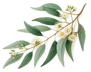 eucalyptus branch with flowers isolated on white background,  PNG.