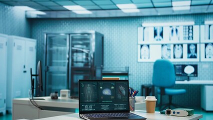 Professional medical cabinet awaiting a patient for check up visit, equipped with oximeter, blood pressure monitor and other modern diagnostic tools. Emphasizing healthcare services.