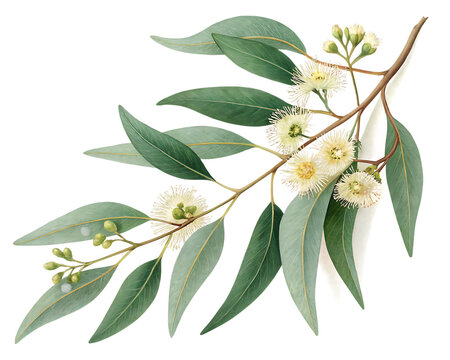 eucalyptus branch with flowers isolated on white background,  PNG.