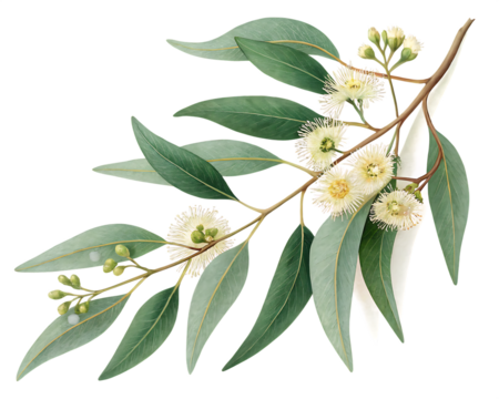 eucalyptus branch with flowers isolated on white background,  PNG.