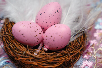 Easter holiday decoration with colorful eggs and festive ornaments