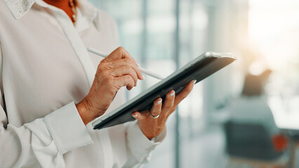 Hands, stylus and woman on tablet for business, email and e signature for wealth management in...