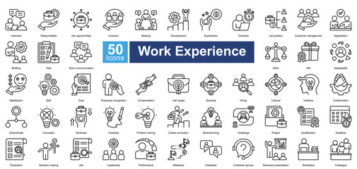 Work Experience icon set in outline style, featuring 50 icons of career growth, job roles, teamwork, and professional skills. Perfect for HR, employee training, and workplace management.