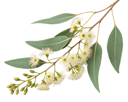 eucalyptus branch with flowers isolated on white background,  PNG.