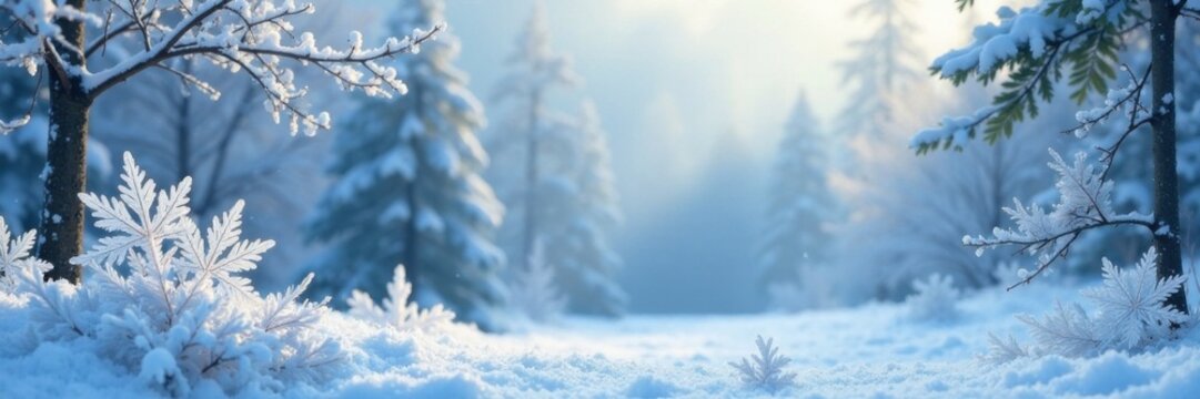 Delicate snowflake design bordering a serene winter landscape, winter, frozen landscape, winter scene