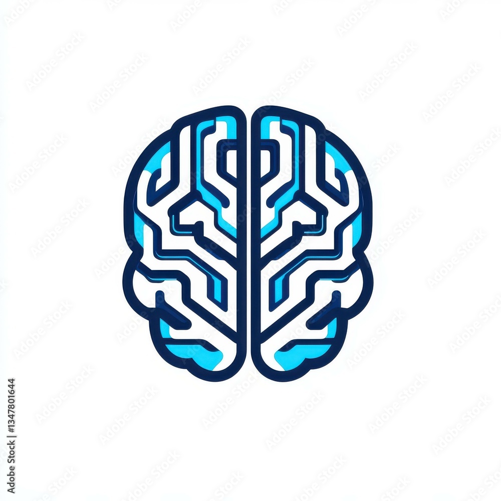 Poster sleek flat vector logo depicts a computer chip brain in a cyberpunk style, featuring a minimal desig