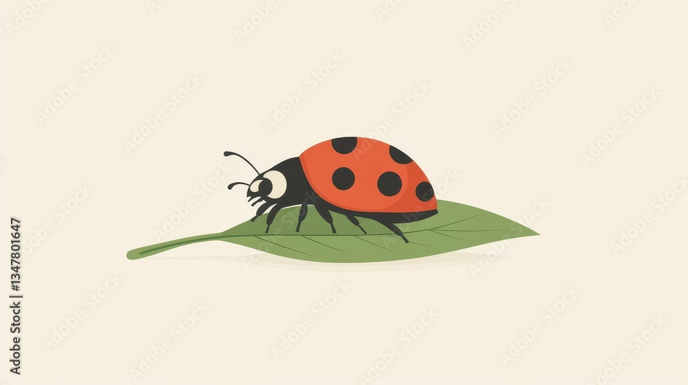 Poster a ladybug sits on a green leaf, embodying minimalist design with clean lines and a simple d vector s
