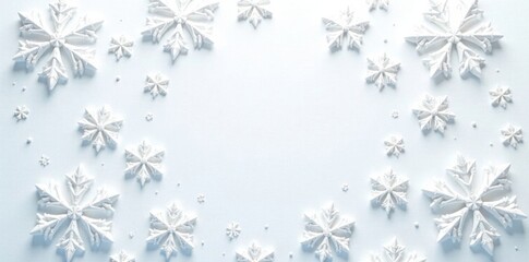 Delicate snowflake patterns with intricate edges on white background, frosty designs, festive illustrations, snowy patterns