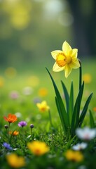 Obraz premium Delicate trumpet-shaped daffodil blooms sway gently in the spring breeze, amidst a tapestry of green grass and colorful wildflowers , landscape, spring