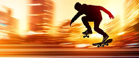 Silhouette of a skateboarder at sunset