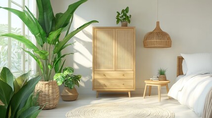 A stylish bedroom corner featuring the  cm corner cabinet of the Blox vintage-style wardrobe set