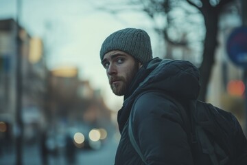 Man Turns Head on City Street Wearing Gray Knit Beanie & Dark Jacket