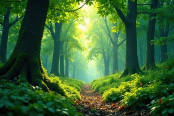 Dense foliage and towering trees create a sense of depth and dimensionality, as dappled sunlight illuminates the forest floor, woodland, dappled light, natural ambiance