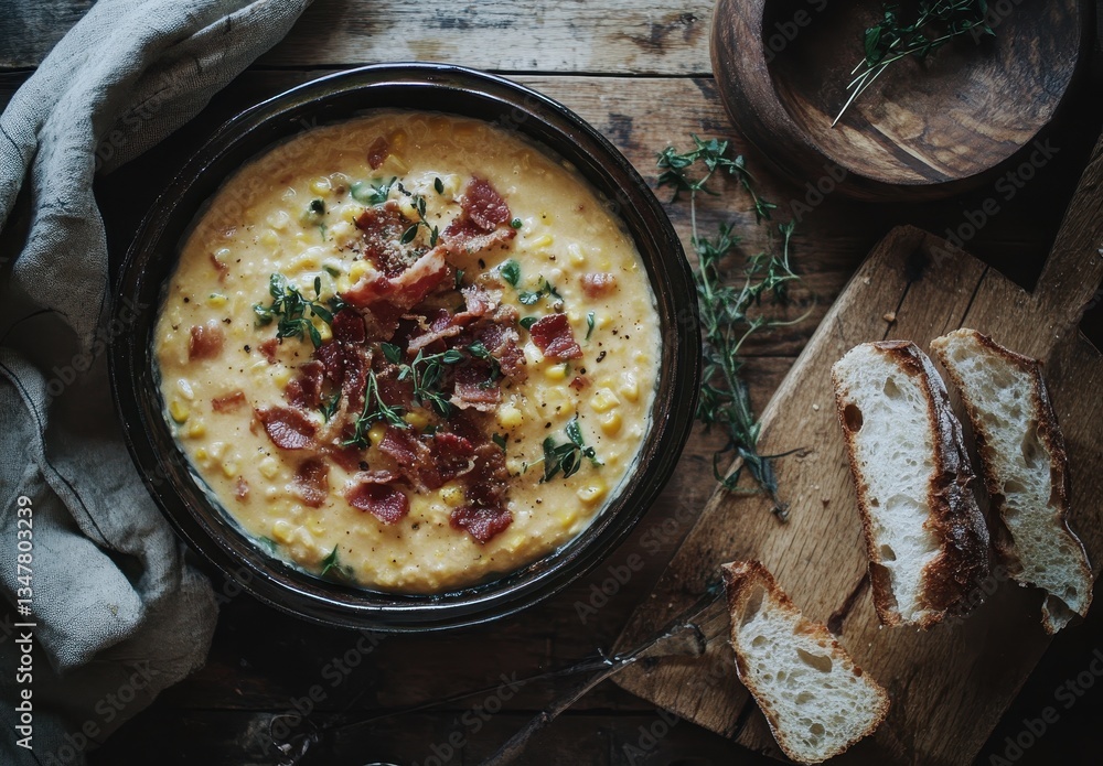 Poster creamy corn chowder with crispy bacon bits and fresh thyme served in rustic bowl on wooden table wit