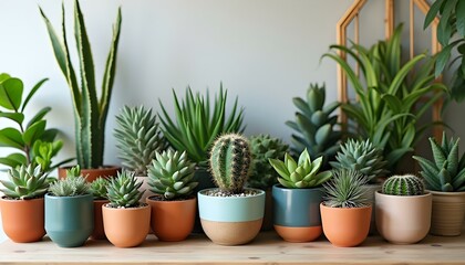 Obraz premium Set of indoor plants in colorful ceramic pots. A lush indoor garden featuring a variety of tropical plants, succulents, and cacti in stylish, colorful ceramic pots