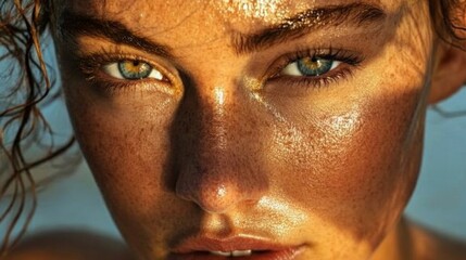Naklejka premium Close-up of a young caucasian female with freckles and sun-kissed skin
