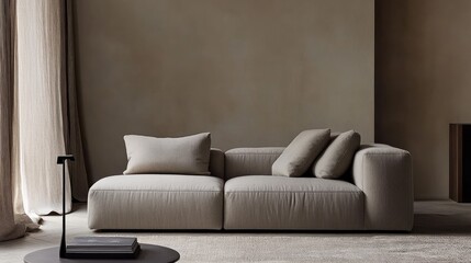 A warm and cozy living space featuring a simple and strong -seat grey sofa with a minimalist look