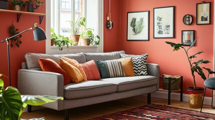 A warm and inviting living space with a -seat grey sofa, highlighting its soft polyester fabric