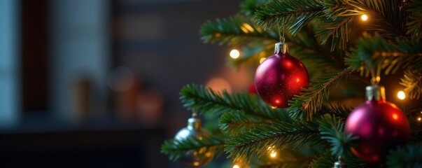Christmas tree with ornaments and twinkling lights, baubles, illuminated