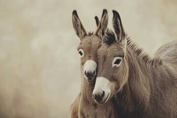 Fototapeta premium Two Affectionate Brown Donkeys Cuddling in a Soft, Natural Light Portrait, Farm Animals, Equine Companions, Sweet, Tender